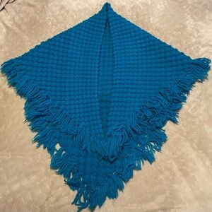 Vintage Crochet Thick Shawl w/ Fringe Wrap Blue Boho Handmade
